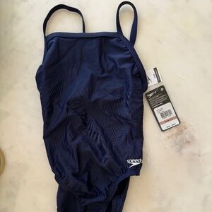 Speedo Girl's Swimsuit One Piece PowerFlex Flyback Solid Youth Team Navy Blue